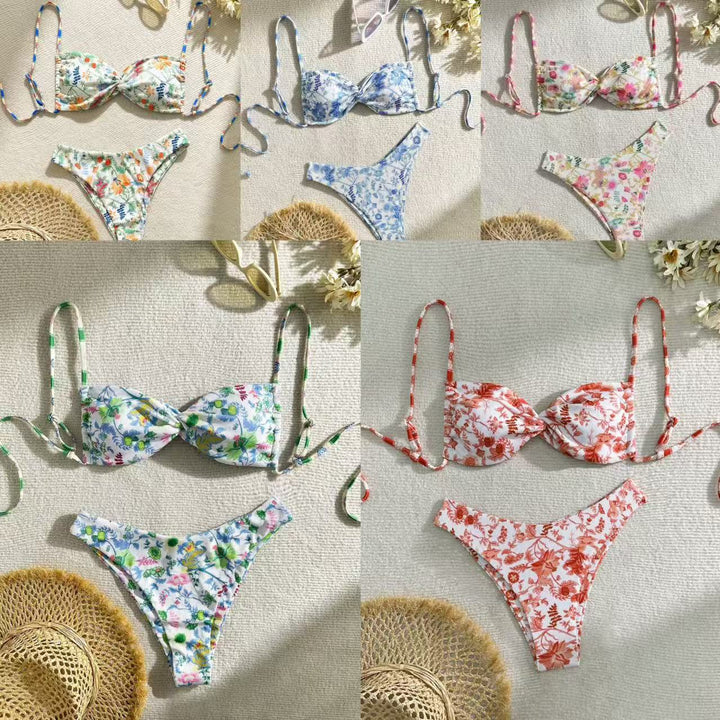 Dame triangel-bikini med blomsterdesign og justerbare stropper Skovae