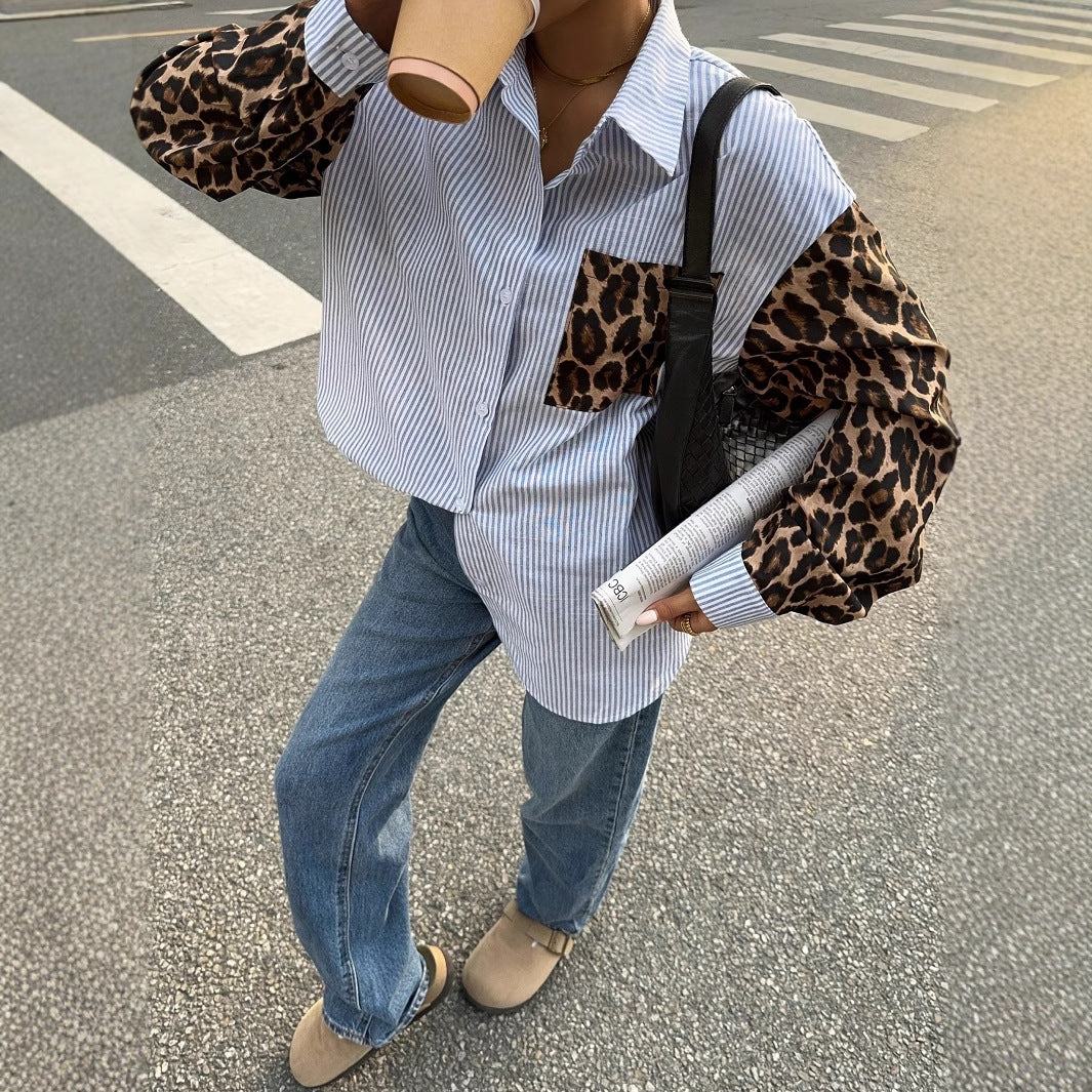Femme nutidigt Button-Up-skjorte med dyretryk-accenter Stilla