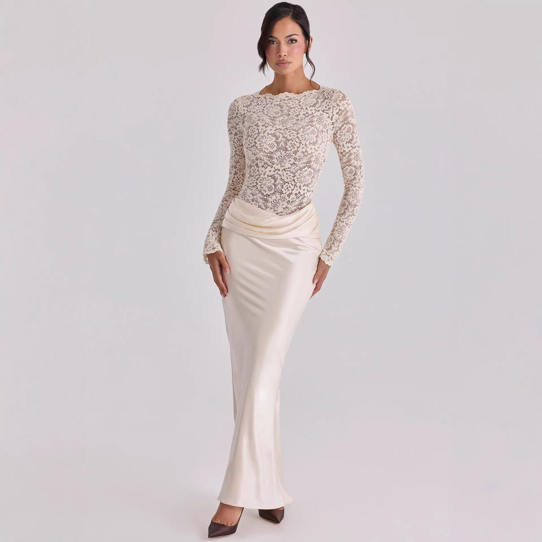 Damer Elegant spids top med flydende satin kjole Skovae