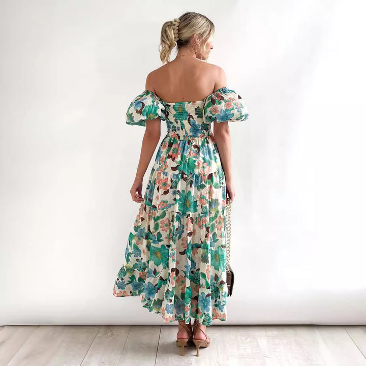 Dame sommerlig maxi kjole med off-shoulder skæring og luftige pufærmer Stilla