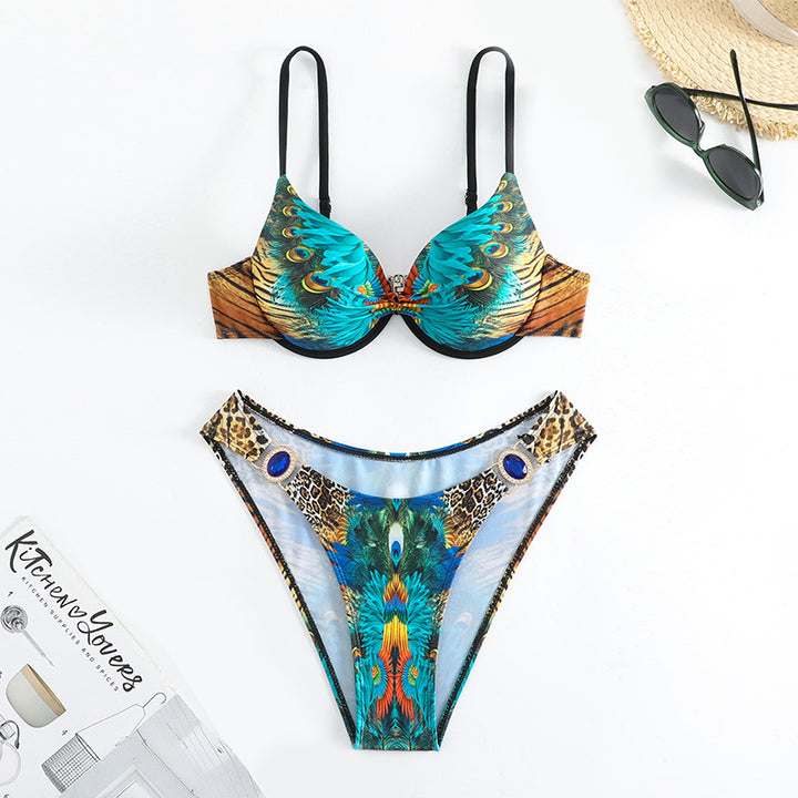 Damer Push-Up-Bikini med eksotisk dyreprint og elegante dekorationer Skovae