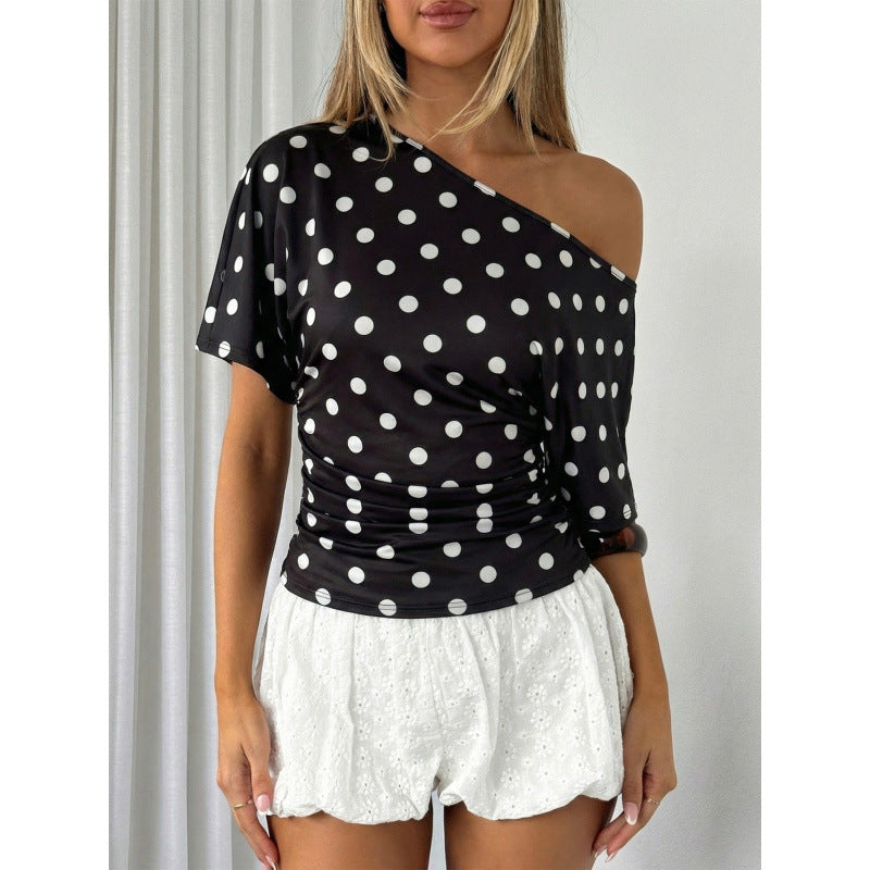 Damen Off-Shoulder Oberteil mit Punkten und voluminösen Ärmeln Skovae