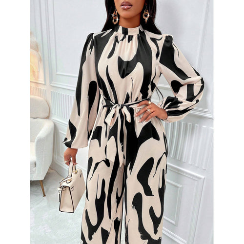 Dame Langærmet-Abstract-Print-Jumpsuit med Taljesnor Stilla