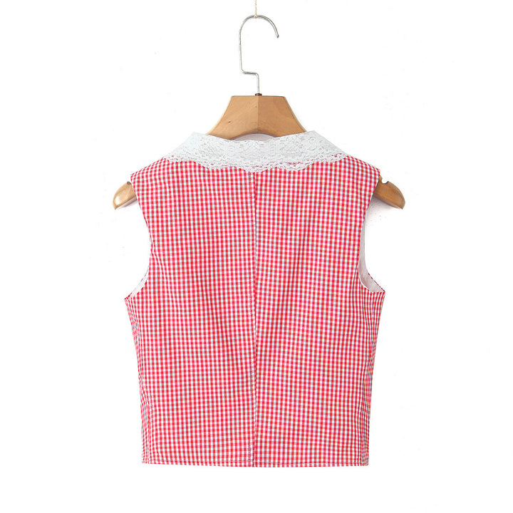 Dame Crop-Top med spidskrave og ternet mønster Stilla