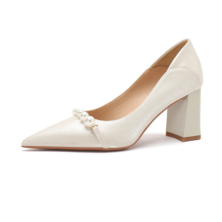 Dame Elegante Spids-tå Blokhæls Pumps med Perle Detalje Stilla