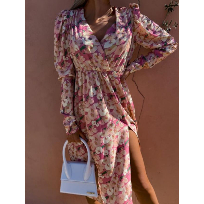 Dame omslag kjole med leopardmønster og høj sideslids Stilla