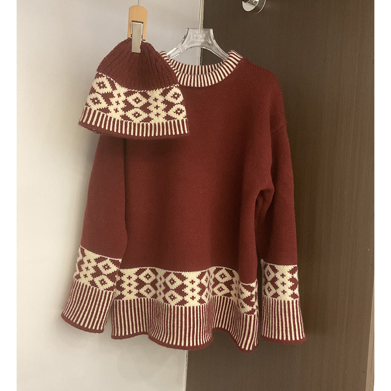 Kvinders stilfulde strikket sweater med geometrisk mønster og rund krave Stilla