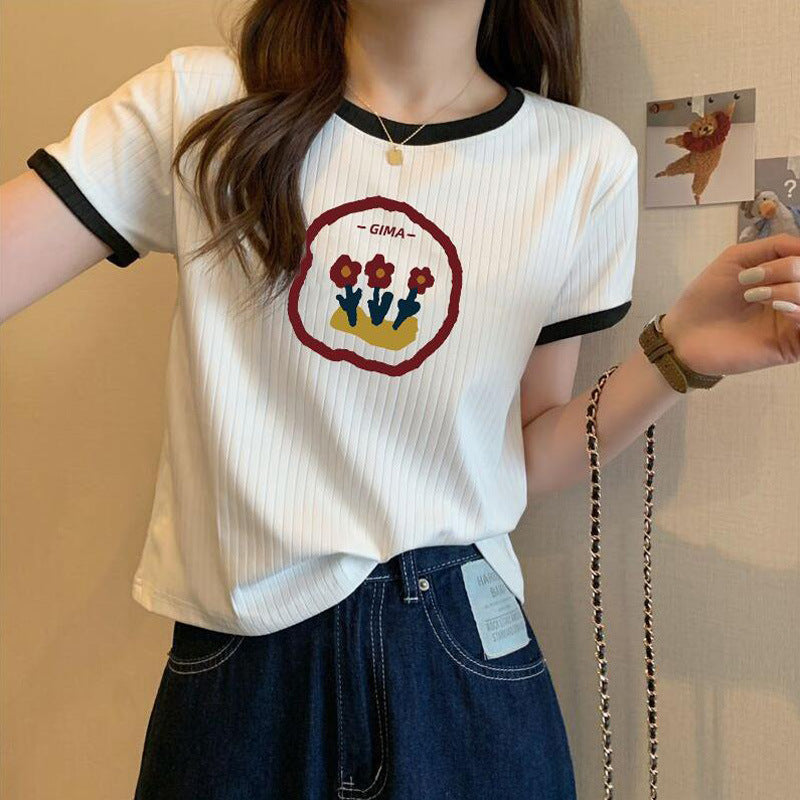 Femme Trendy Blomst Udsmykket Rib T-Shirt Stilla