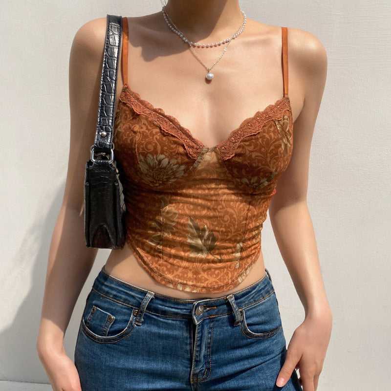 Dame tanktop med spidsdetaljer og blomstermønster Skovae