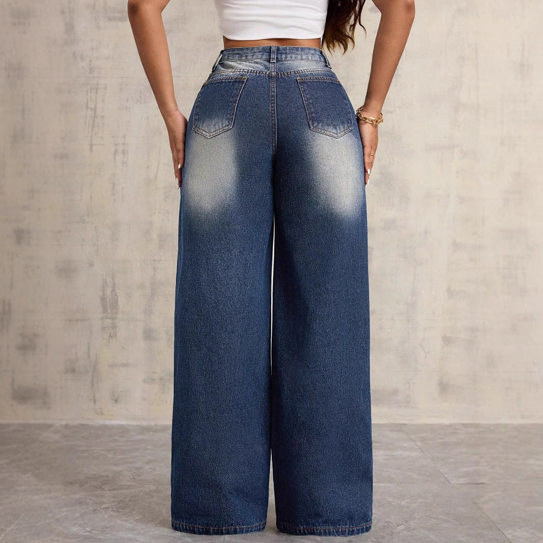 Kvinders brede denim jeans med blomsterbroderi Stilla