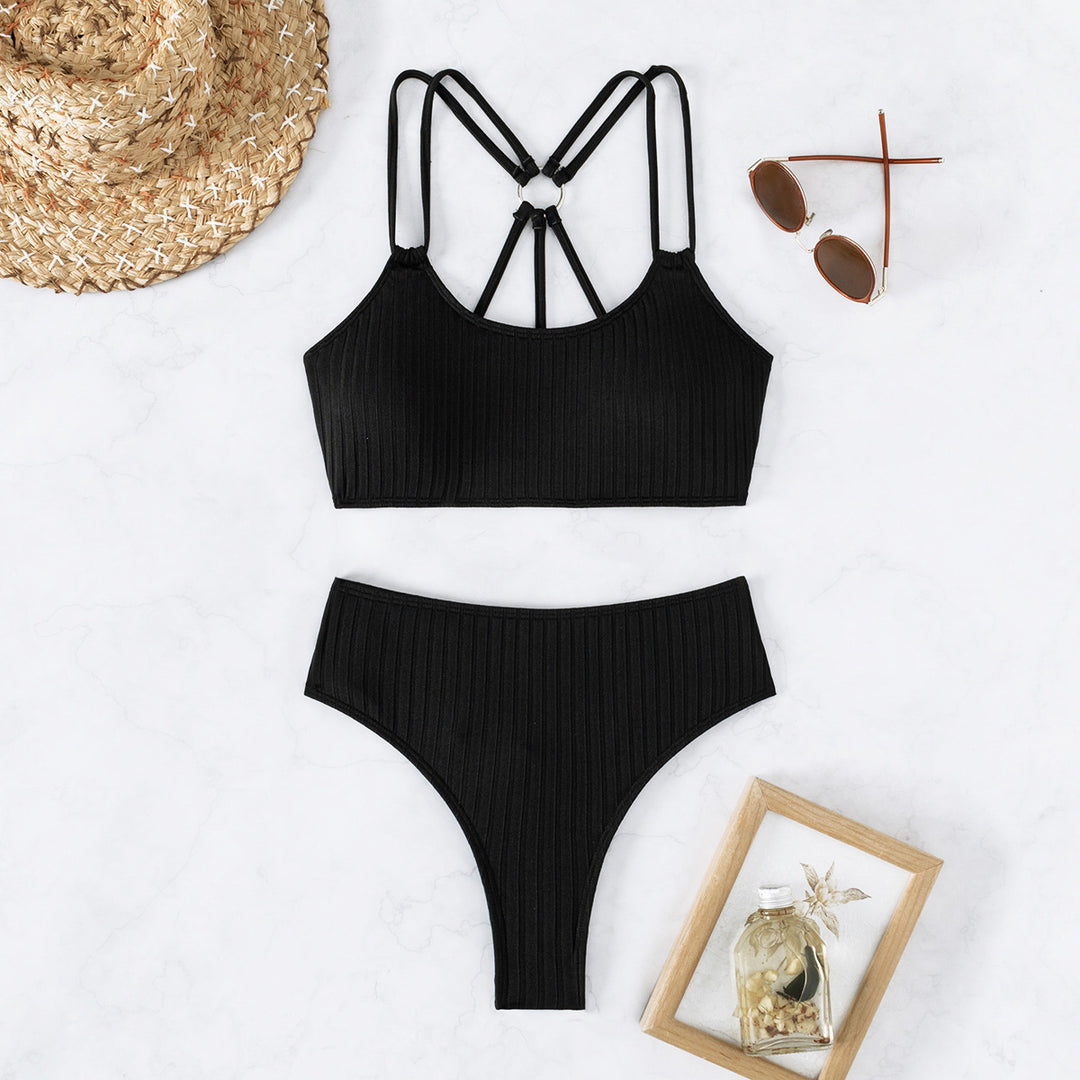 Dame Højskåret Bikini-Sæt med moderigtigt Ryg-design og justerbare Stropper Stilla