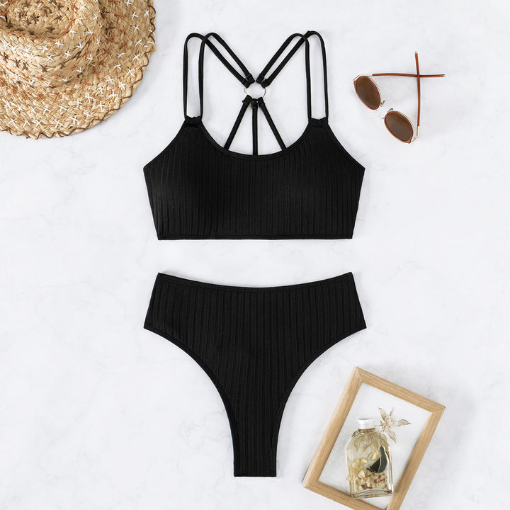 Dame Højskåret Bikini-Sæt med moderigtigt Ryg-design og justerbare Stropper Stilla