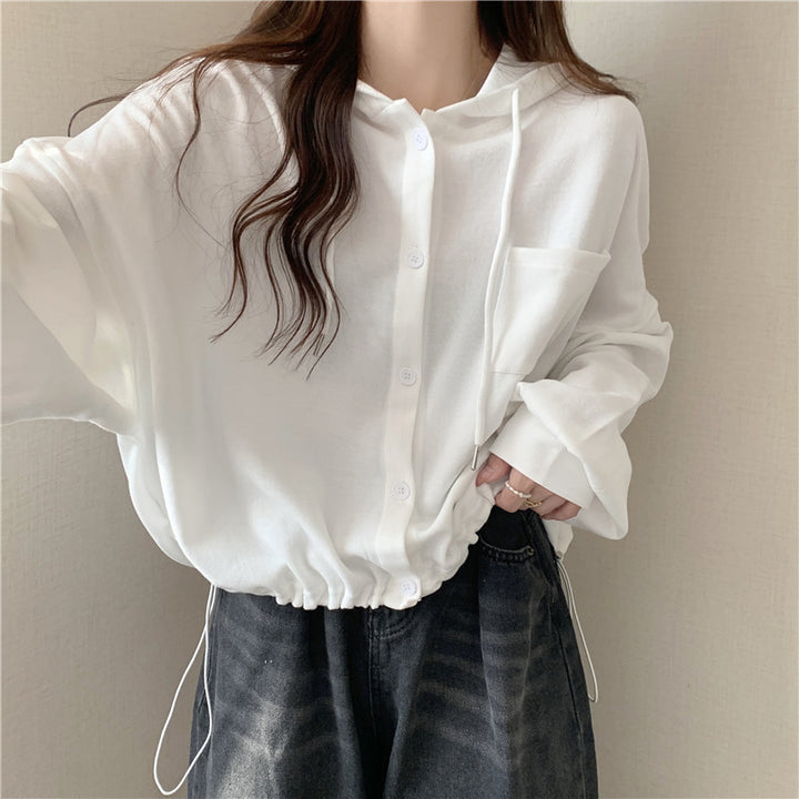 Femme Fritid Knap-Op Hoodie med justerbar Snor Stilla