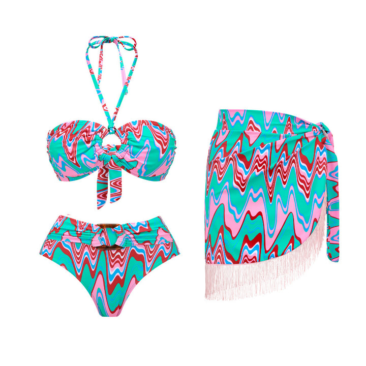 Dame bikiniset med kreativ indpakningsskørt og trendy mønstermix Stilla