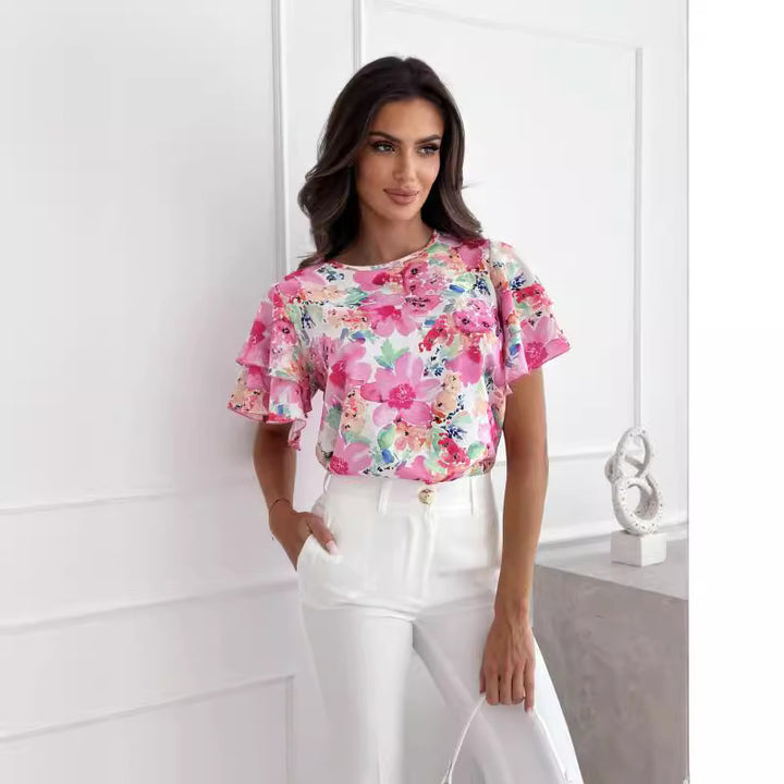 Damer kortærmet bluse med rynkedetaljer og blomsterdesign Stilla