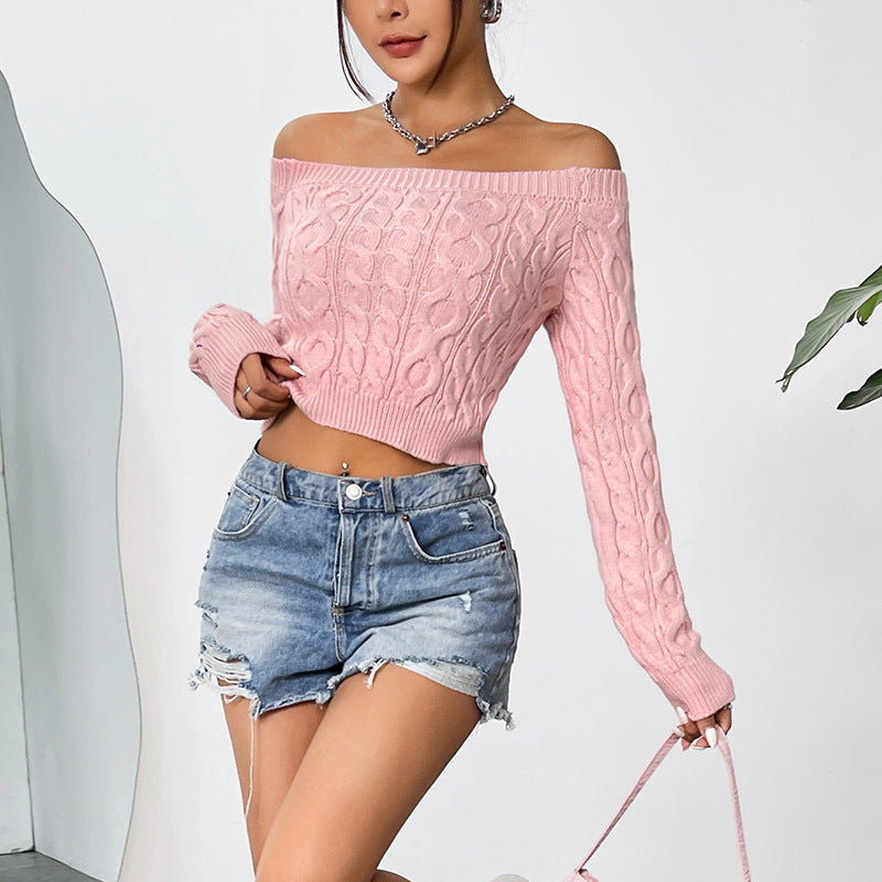 Dame Off-Shoulder Strikketrøje med Fletdesign Stilla