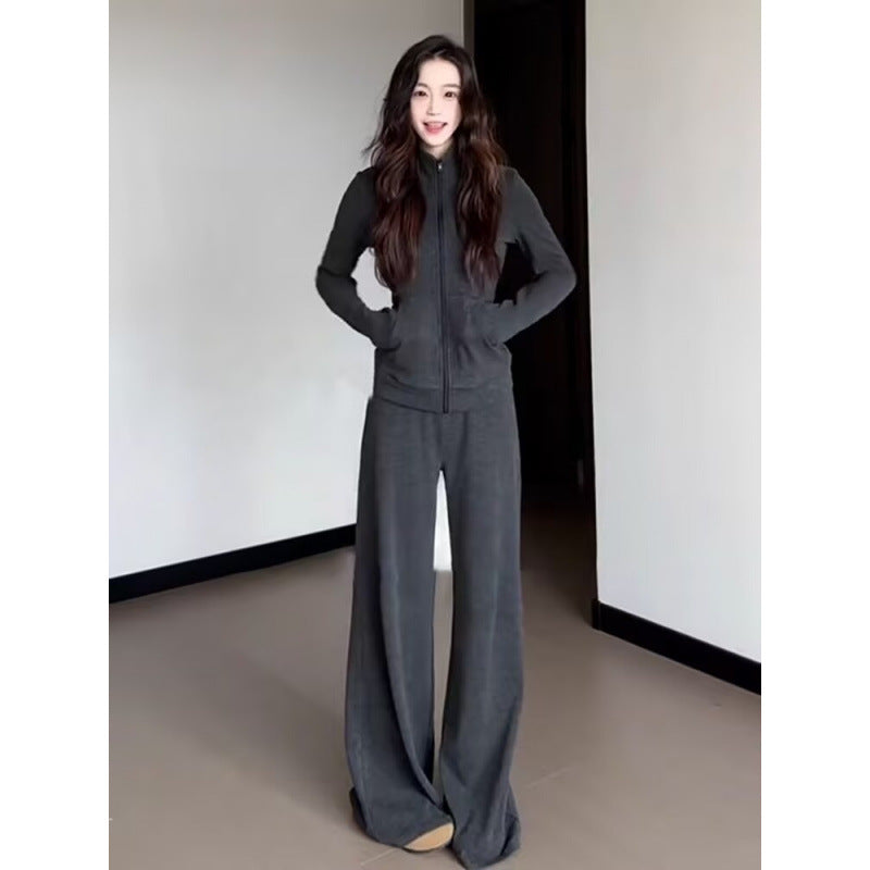 Kvinders sporty fleece tracksuit sæt med løstsiddende pasform og høj krave Skovae