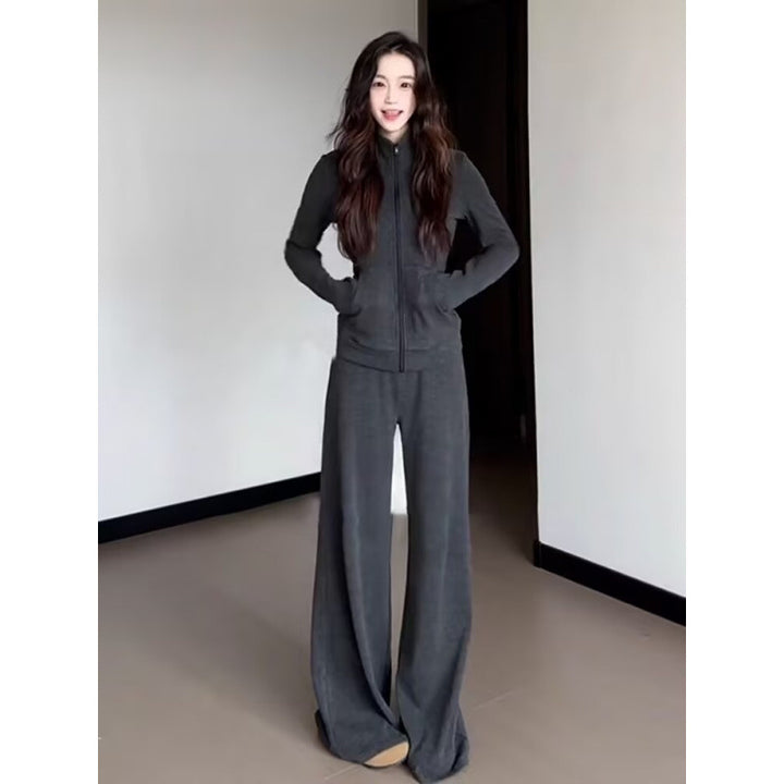 Kvinders sporty fleece tracksuit sæt med løstsiddende pasform og høj krave Skovae