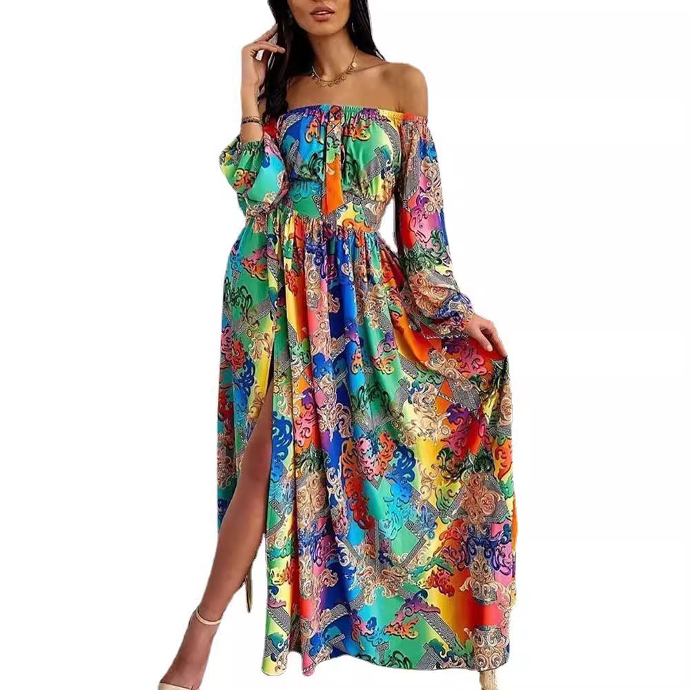Dame Maxi-kjole med off-shoulder design og farverigt blomster mønster Stilla