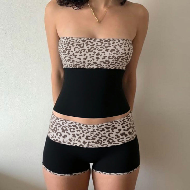Dame Sporty Crop-Top og Shorts-Sæt i moderne Leopardmønster Skovae