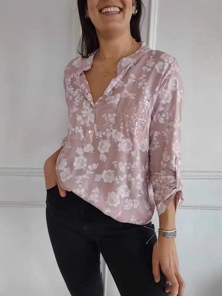 Dame blouse top med blomstermønster og glitrende pailletter Stilla