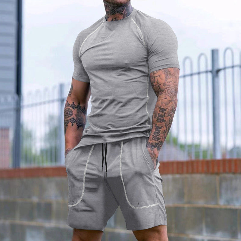 Herrer nan Raglan-fit kortærmet skjorte- og tunneltræk-shorts-sæt i åndbart stretch-jersey med kontrastsyninger Skovae