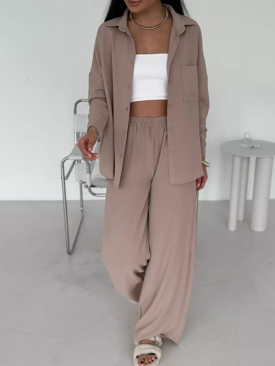 Dame løs linned-buksedragt sæt med elegant bluse og elastisk talje Stilla