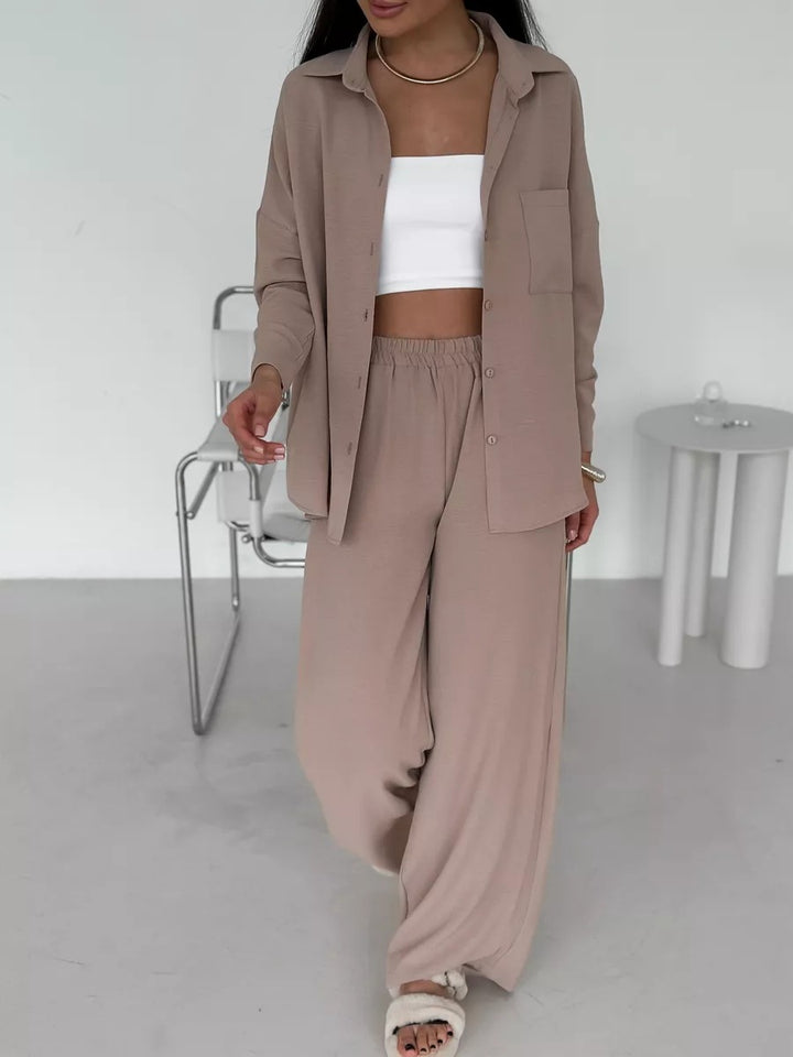 Dame løs linned-buksedragt sæt med elegant bluse og elastisk talje Stilla