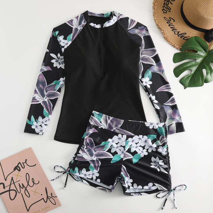 Dame Langærmet Svømmetop med blomstermotiv og Shorts Stilla