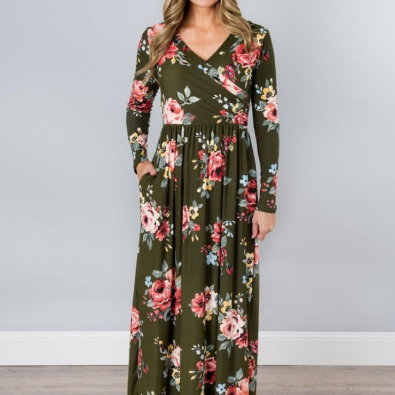 Kvinders maxi kjole med blomsterindpakningsdesign og lange ærmer Stilla
