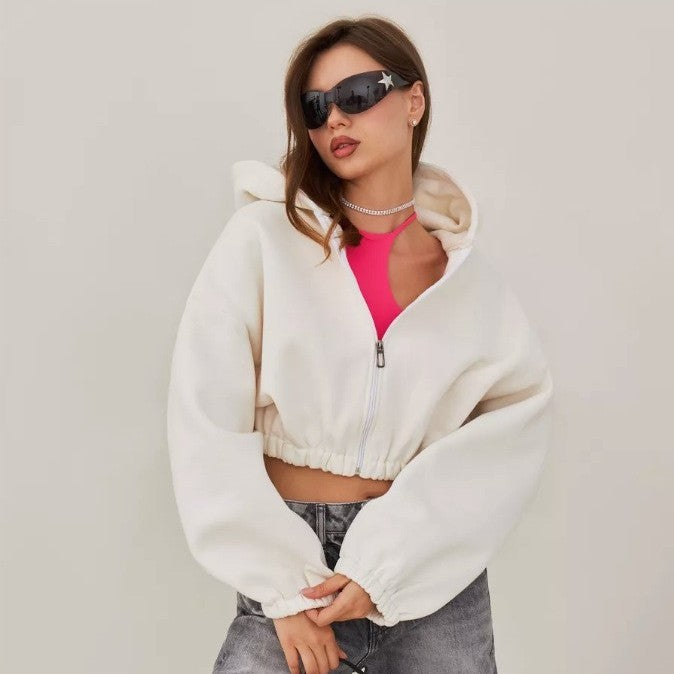 Kvinders cropped hoodie jakke med fuld lynlås og afslappet pasform Skovae