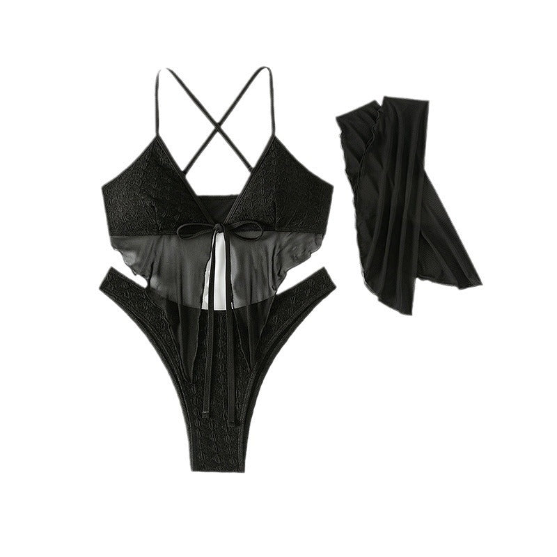 Dame bikini-sæt med gennemsigtigt top og elegante flæse detaljer Skovae