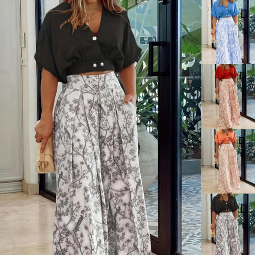 Dame luftig Crop-bluse med knapdetaljer og vide bukser Stilla