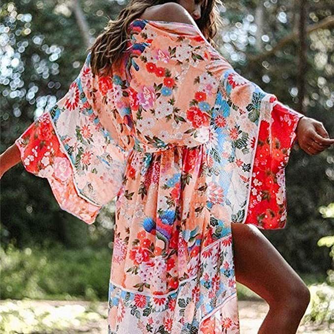 Dame floral Maxi-Kimono med sideslids og bindebælte Stilla