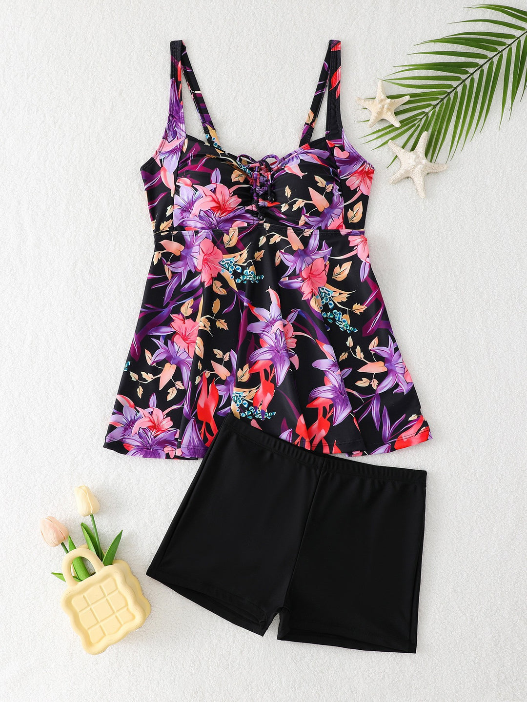 Dame Tankini-sæt med blomsterdetaljer og figurskabende nederdel Stilla