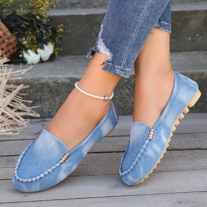 Dame nan afslappede Denim-Mokassin-sko med elastisk indgang og skridsikker gummisål Skovae