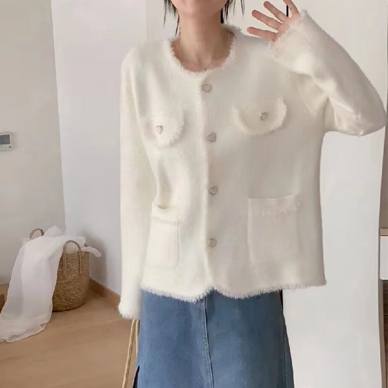 Kvinders Fluffy Cardigan med Hjerte Detaljer Stilla