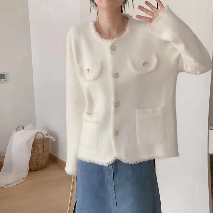 Kvinders Fluffy Cardigan med Hjerte Detaljer Stilla