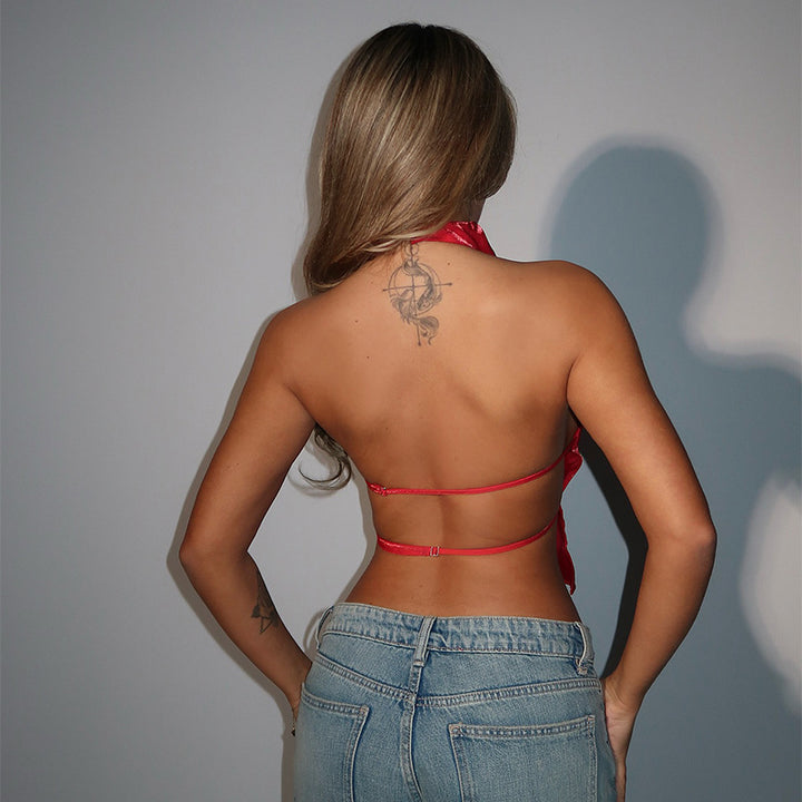 Dame moderne Crop-Top med ståkrave og sidelange cut-outs Skovae