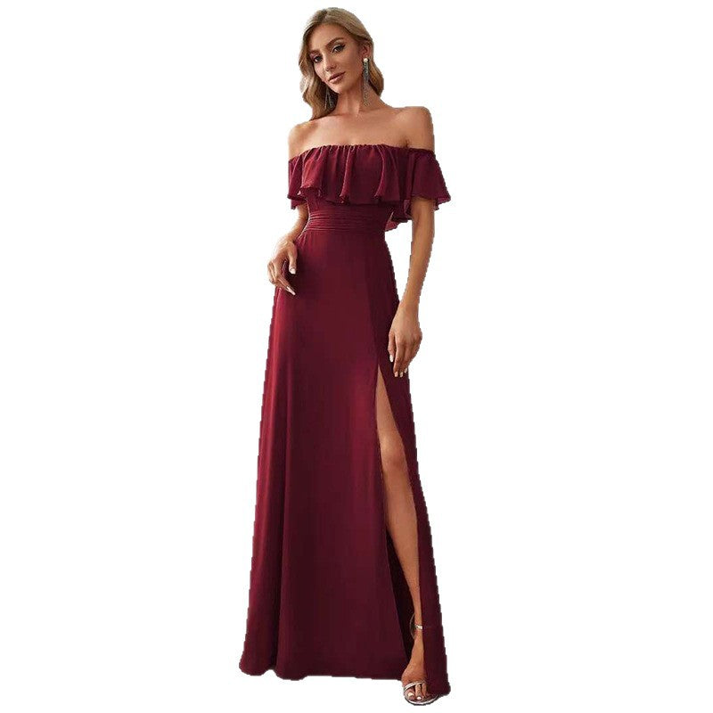 Dame Off-Shoulder Maxikjole med Flæse Detaljer og Slids Stilla