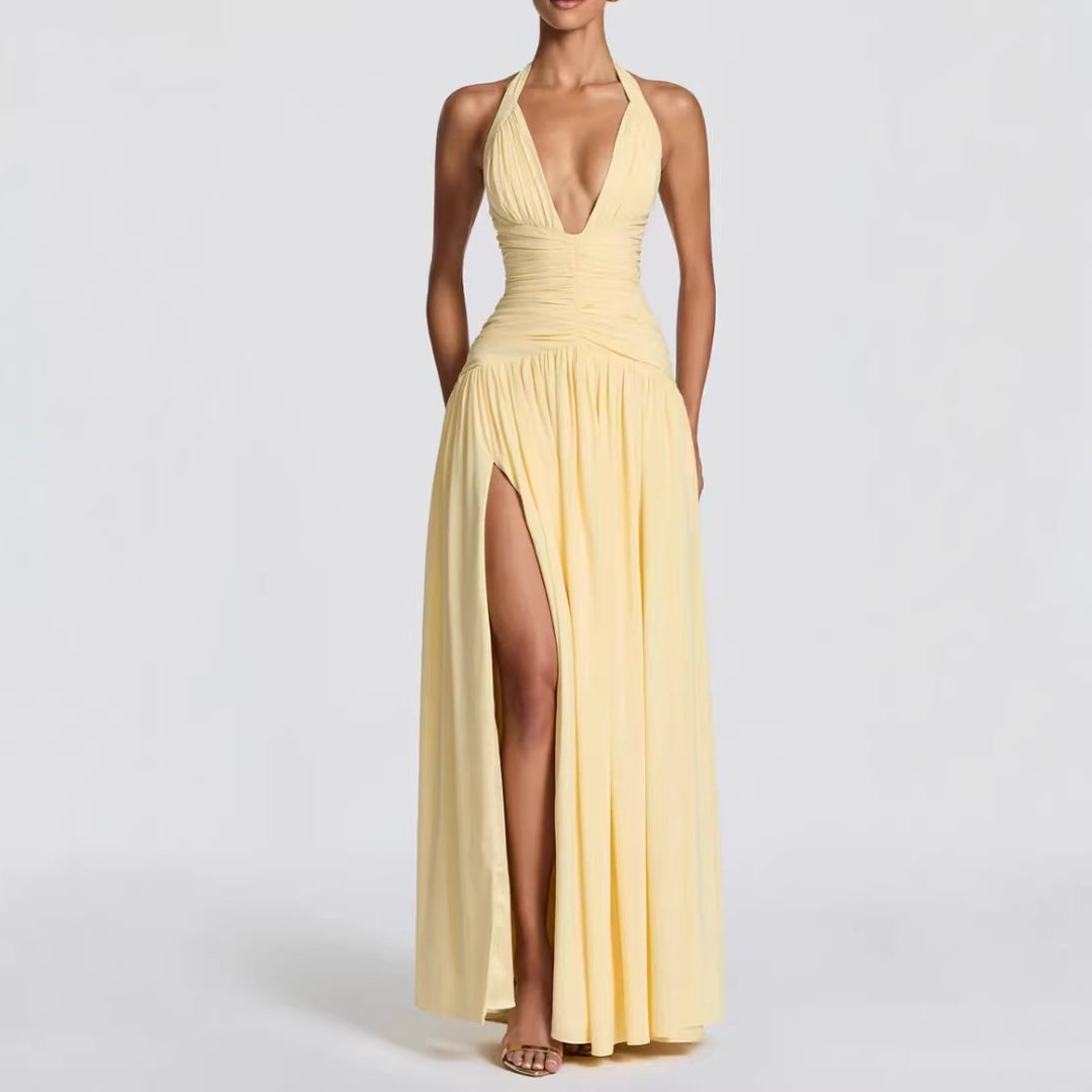 Damer Elegant Maxi Kjole med Wrap Design og V-Hals