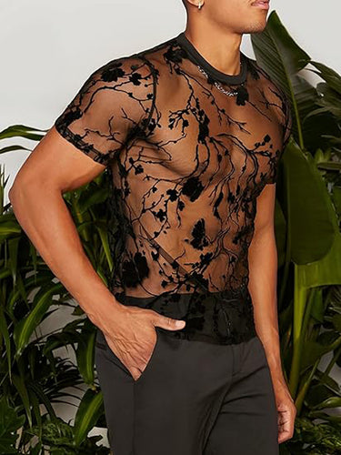 Dame gennemsigtigt T-shirt med blomstermotiv og elastisk krave Stilla