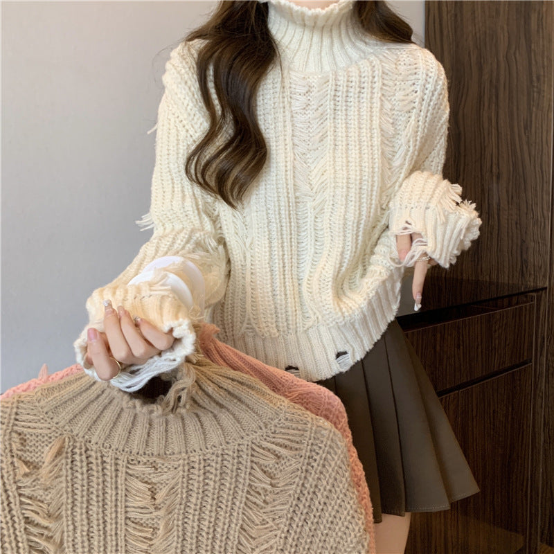 Femme Distressed Chunky Knit Rullekravepullover Stilla