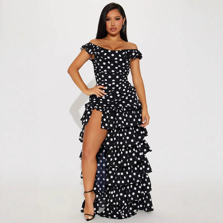 Dame Off-Shoulder Maxikjole med flæser og spændende slids Skovae