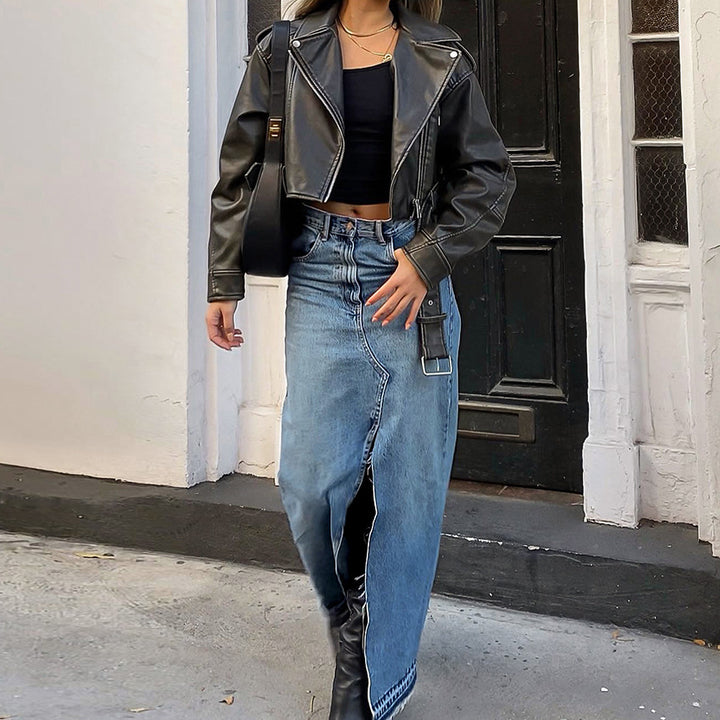Damer Stilfuld kunstlæderjakke i biker-stil med asymmetrisk lynlås Stilla