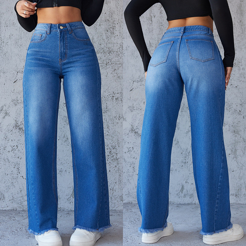 Dame Højtaljede Mom-Jeans med afslappet snit og frynset kant Stilla