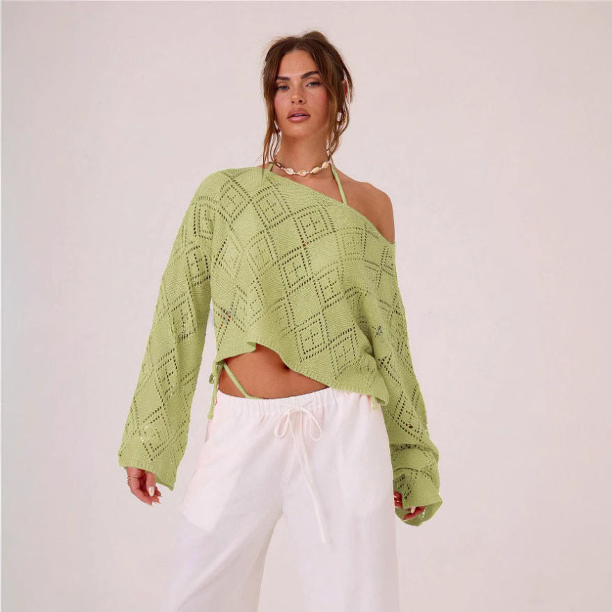 Dame luftig strikpullover med asymmetrisk design og fint mønster Stilla