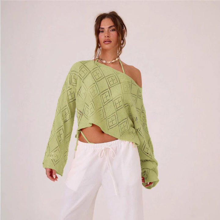 Dame luftig strikpullover med asymmetrisk design og fint mønster Stilla