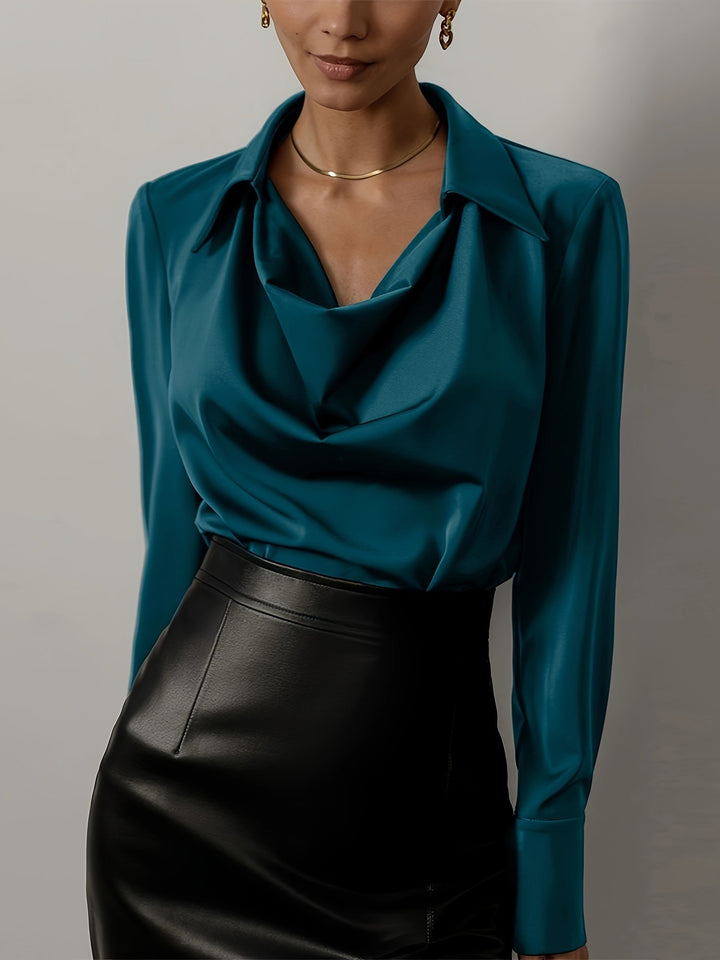 Dame elegant bluse med dyb vandfaldudskæring og lange ærmer Stilla