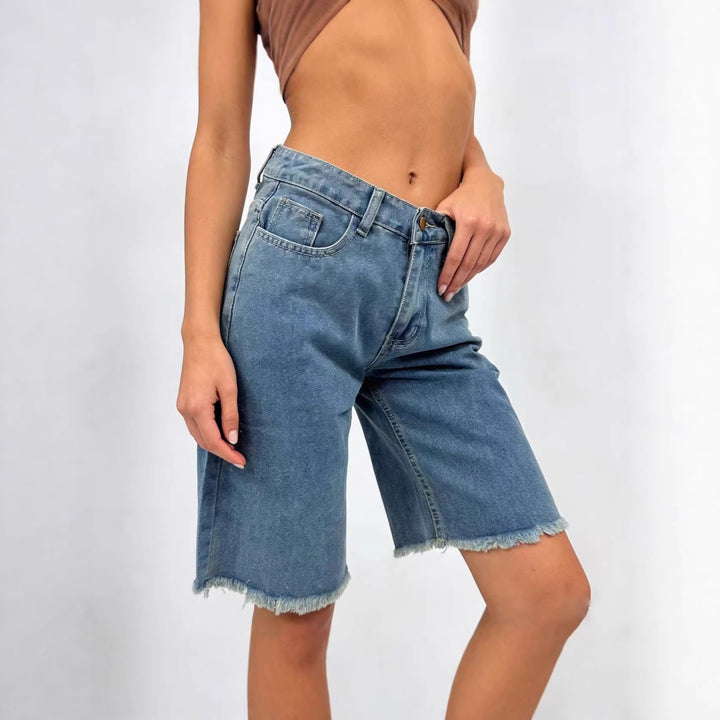 Dame afslappede denim-shorts med frayed kanter og høj talje Skovae